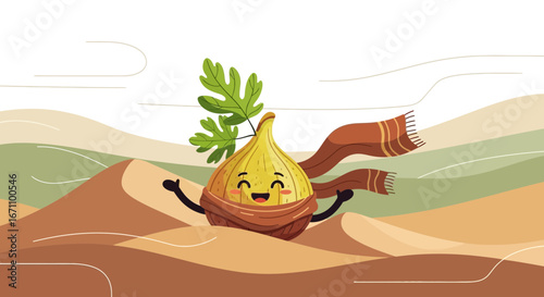 Cute Figgy Character With Scarf Enjoying Warm Weather In The Sandy Desert