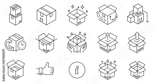 Clean isometric outline icons representing diverse packaging solutions, delivery services, and storage options, designed for modern graphic resource applications.