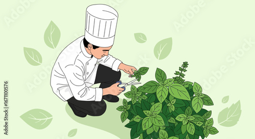 Chef Harvesting Fresh Herbs From Lush Greenery For Culinary Application