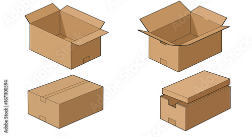 Isometric view of various cardboard boxes, perfect for shipping, packaging, and storage of goods; a versatile vector illustration for diverse commercial applications, featuring a clean, modern design.