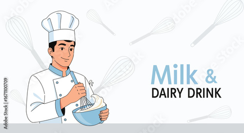 Chef Mixing Dairy Cream In A Bowl, White Background With Whisks And Dairy Product