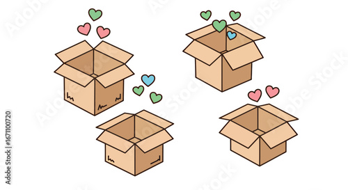 Four open cardboard boxes with colorful hearts floating out, symbolizing gifts, love, and surprises in a clean, graphic style.