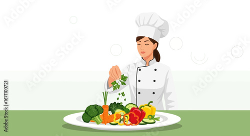 Chef Plating Fresh Vegetables on a Dish with a Culinary Touch and Artistic Composition