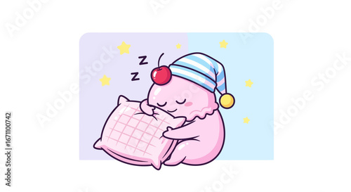 Cute Sleeping Ice Cream Cartoon Character Wearing a Nightcap and Cuddling a Soft Pillow