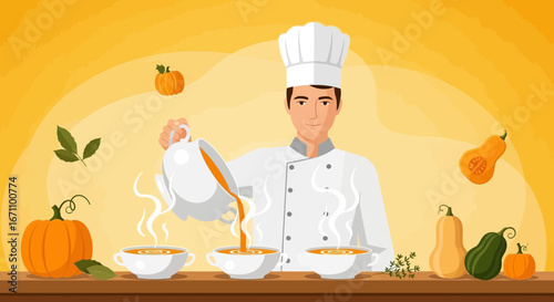 Chef Pouring Steaming Pumpkin Soup Into Bowls, Culinary Autumnal Illustration