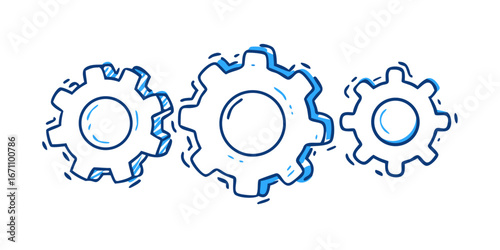 Three blue gears interlocking machinery mechanical