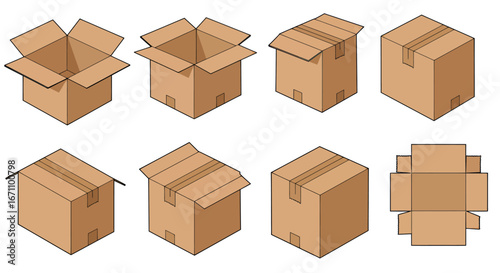 High-quality vector PNG illustrations of cardboard boxes in various open and closed positions, ideal for packaging design, shipping, and delivery projects, offering versatile design elements for your