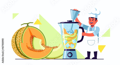 Chef Prepares Freshly Blended Cantaloupe Drink in a Modern Kitchen