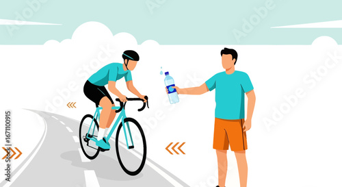 Cyclist Receiving Hydration From Assistant During A Road Race On A Sunny Day