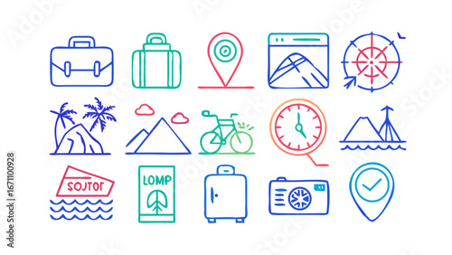 Travel icons with neon accents suitcase bicycle