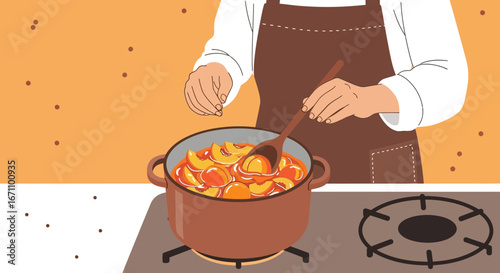 Chef Prepares Peach Preserve In A Pot On A Stove, With Vector Art Illustration
