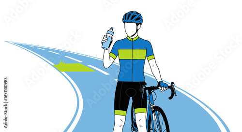 Cyclist Resting While Hydrating On A Winding Road, Ready For New Challenges