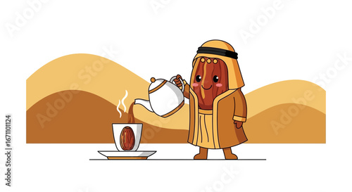 Date Fruit Character Brewing Coffee in a Desert Outfit with Coffee Cup and Desert Scenery