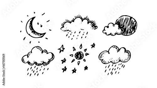 Vintage sun with rain clouds retro hand drawn