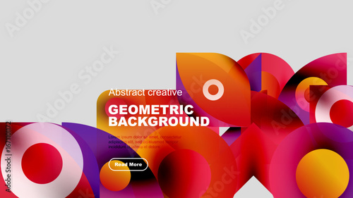 Abstract geometric background features vibrant orange, purple, red shapes. Text invites viewers to explore further. Modern design elements present.