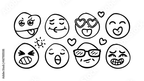 Whimsical doodle emoji faces line art vector