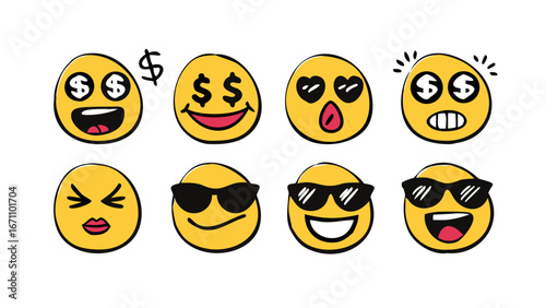 Yellow faces with various expressions emoji money
