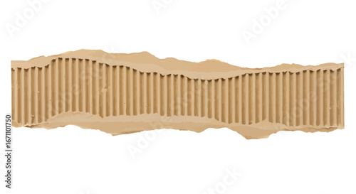 A realistic and detailed torn piece of corrugated brown cardboard, featuring visible fluting, isolated on a clean white background, ideal for graphic design projects.