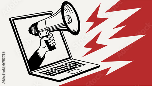 Laptop screen with megaphone announcement digital marketing online promotion loud speaker vector illustration.