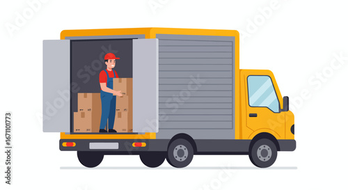 A delivery worker in a red cap and uniform is loading cardboard boxes into a yellow delivery truck with open doors, representing logistics and transportation for shipping.