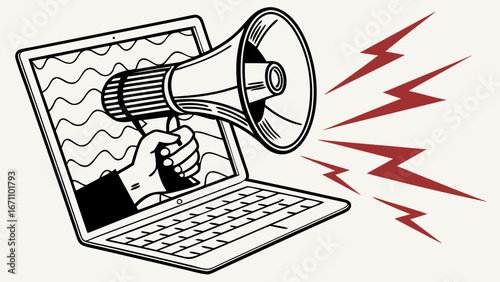 Laptop screen with megaphone announcement digital marketing online advertising social media promotion.