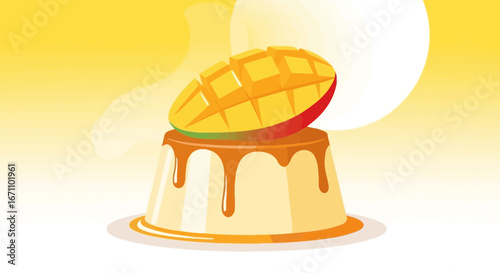 Delicious Mango Pudding Illustration: A Sweet Dessert With Caramel Drizzling And Vivid Colors
