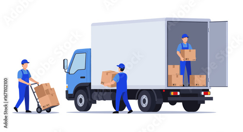 Movers in uniform load cardboard boxes onto a delivery truck using a hand truck, illustrating logistics and transportation services.