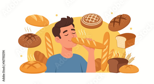 Delicious Person Smelling Freshly Baked Bread With Various Loaves And Aromas