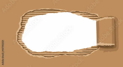 A vector illustration depicts a torn cardboard surface, revealing a blank, white space perfect for adding text or other design elements, with a focus on texture and negative space.