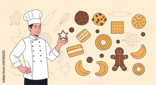 Chef Presenting Baked Goods with Assorted Cookies and Baking Tools in a Stylish Design