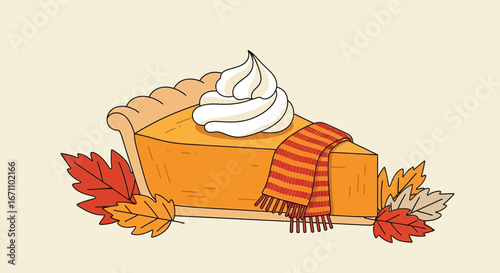 Delicious Pumpkin Pie Slice With Autumn Decorations And Warm Scarf, Perfect Illustration