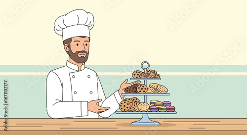 Chef Presenting Delicate Pastries on a Tiered Stand for Culinary Delight and Enjoyment