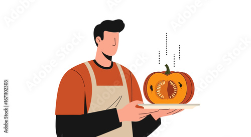 Chef Presenting Pumpkin Displaying Freshness And Culinary Innovation With Modern Illustrated Design