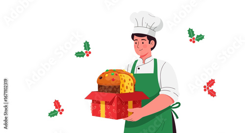 Chef Presenting Sweet Treats Within Holiday Box With Festive Decoration And Culinary Theme