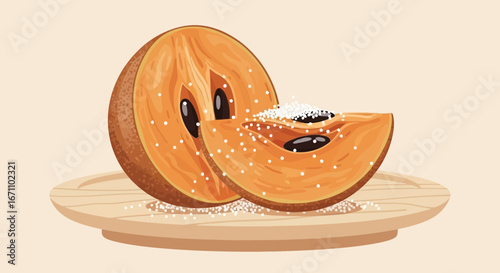 Deliciously Ripe Sapodilla Fruit, Sliced and Presented on a Wooden Plate
