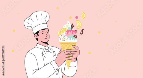 Chef Presents Elaborate Ice Cream Creation With Colorful Toppings And A Delicate Dessert Cone