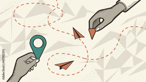 Illustration of hands releasing paper airplanes following a dotted line route towards a location marker.