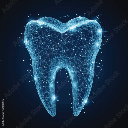Polygonal wireframe tooth with connected dots and lines dental structure visualization on dark background for medical technology and innovation concept illustration