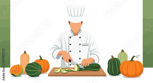 Chef Slicing Zucchini Surrounded By Pumpkins Preparing Culinary Delights With Fresh Vegetables