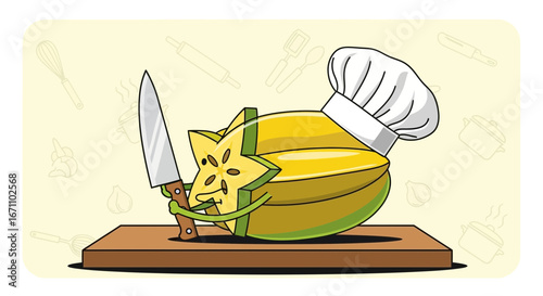 Chef Starfruit Prepares Itself For Culinary Tasks With A Sharp Knife On A Wooden Board