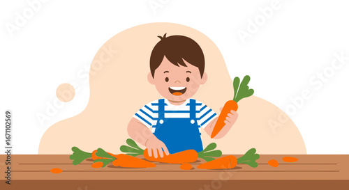 Delighted Child Preparing Carrots, Illustrating Healthy Eating and Culinary Fun