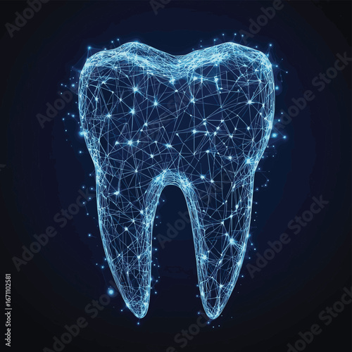 Polygonal wireframe tooth with connected dots and lines dental structure visualization on dark background for medical technology and innovation concept illustration