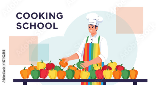 Chef Teaching Culinary Arts and Selecting Fresh Bell Peppers at Cooking School