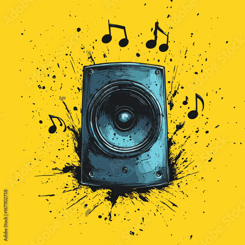 Hand drawn sketch style blue music speaker with sound waves and musical notes on bright yellow background vector illustration, vector style simple color