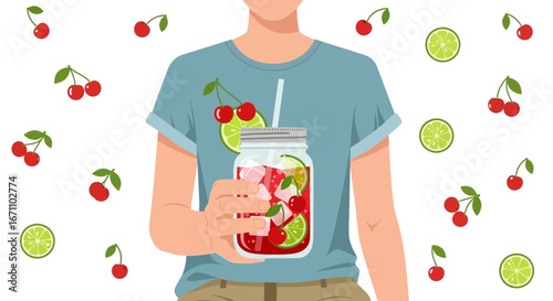Cherry And Lime Infused Drink Presented By Person In A Casual Outfit, Refreshing Beverage