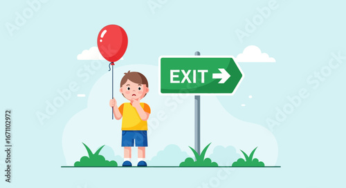 Child Contemplating His Exit With A Balloon, A Symbol Of Departure And Pondering Choices