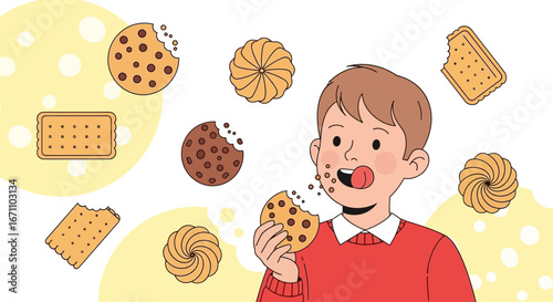 Child Enjoying Fresh Biscuits and Cookies, Happy Eating Sweet Food Illustration