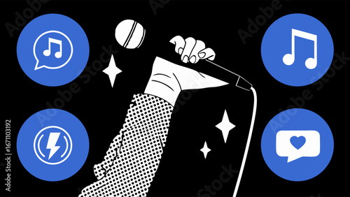 Hand holding microphone with music and social media icons illustration singing concert performance live music energy passion entertainment show stage audio sound voice vocal music notes social media .