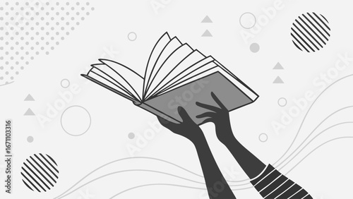 Hands Holding Open Book Abstract Background Reading Concept Illustration.