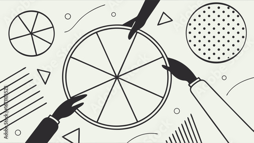 Abstract graphic design of hands around a segmented circle teamwork collaboration business concept.
